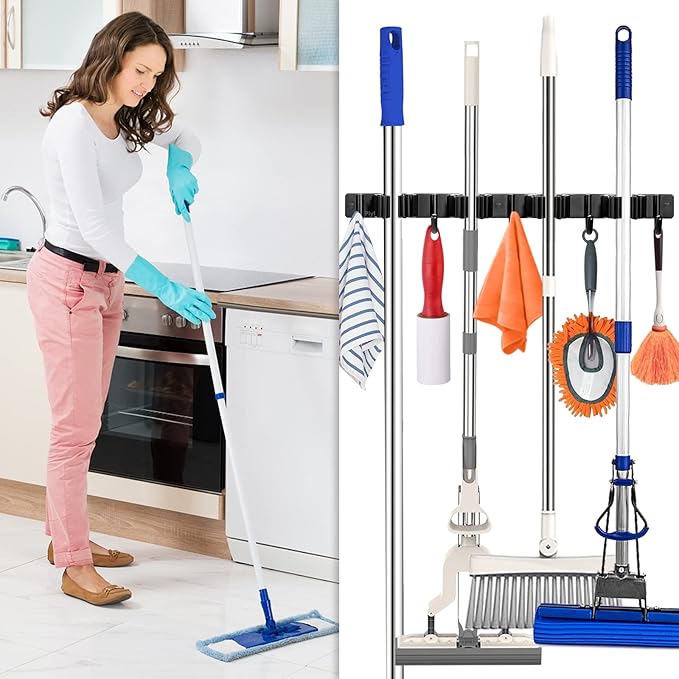 Piyl Broom Mop Holder Wall Mount Broom Hanger Wall Mounted Metal Organization Garage Storage Garden Kitchen Tool Organizer With 4 Racks and 5 Hooks (Black, 1 Pack 4R5H)-NeatNest