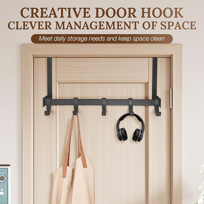 18" Over The Door Hook Rack with 5 Movable Hooks, Soft Iron Finish, for Bedroom, Bathroom, Walk-in Closet, Laundry Room and More - Black-NeatNest