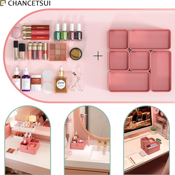 6 Pcs Stackable Drawer Organizer Set Desk Drawer Dividers, Bathroom Vanity Cosmetic Makeup Trays , Multipurpose Plastic Storage Bins for Jewelries, Kitchen Gadgets and Office Accessories, Rose-NeatNest