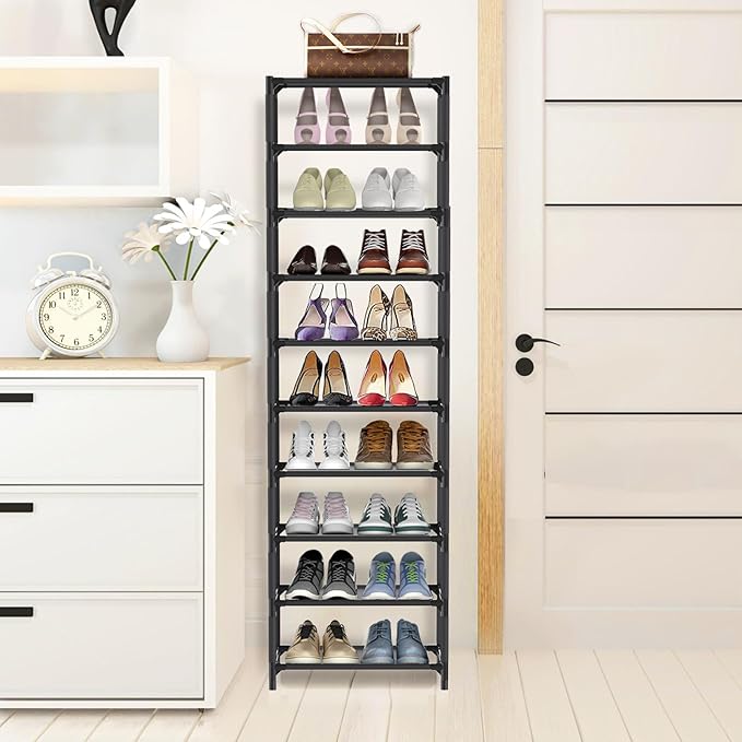 10 Tiers Vertical Shoe Rack Up to 20-25 Pairs, Sturdy Metal Narrow Shoe Shelf, Space-Saving Tall Shoe Rack for Closet,Bedroom Hallway Garage Living Room-NeatNest