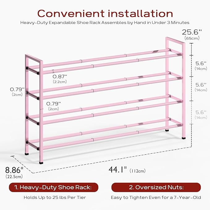 Bumusty 4-Tier Long Expandable Shoe Rack for Closet, 18"-44" Adjustable Shoe Rack for Entryway, 20-24Pairs Large Shoe Organizer Shelf Storage, Sturdy Metal, Black-NeatNest