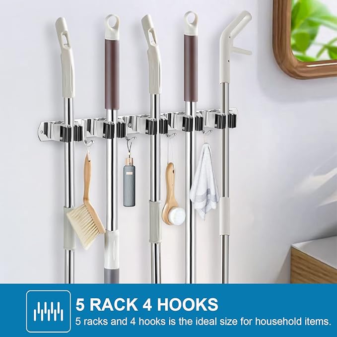 IMILLET 2 Pack Wall Mount Broom Holder Stainless Steel 5 Racks with 4 Hooks Broom Organizer Self Adhesive Heavy Duty Laundry Room, Garage Organization Storage-NeatNest