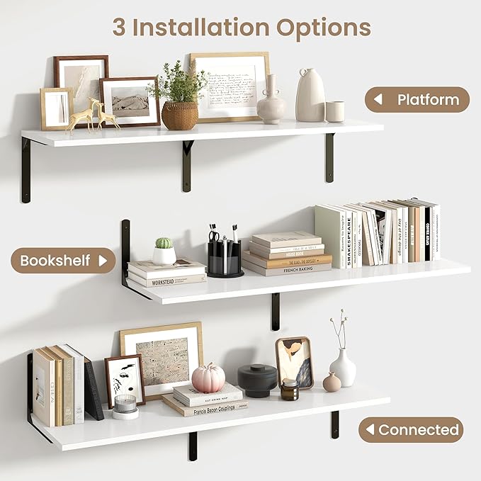 Fun Memories Floating Shelves for Wall, 12 Inch Deep Floating Shelves Set of 2, Wall Mounted Shelf with Metal Brackets, Rustic Wood Wide Shelf for Bathroom, Kitchen and Living Room, White, 48W x 12D-NeatNest