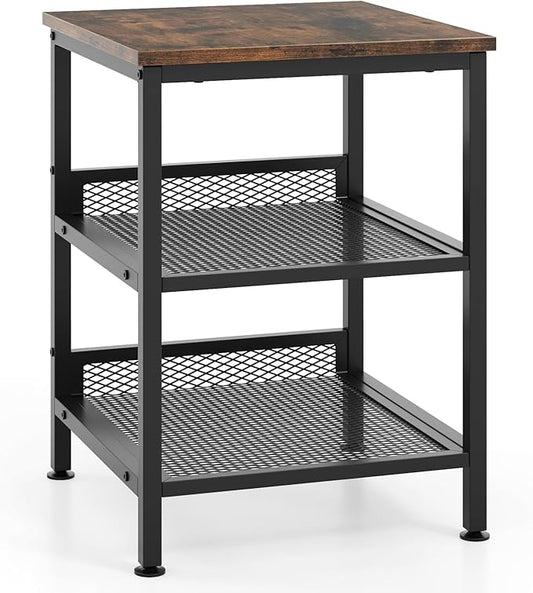 Giantex 3-Tier End Table, Industrial Telephone Table with 2 Mesh Storage Shelves, Metal Frame, 16 Inch Square Sofa Side Table Nightstand for Living Room, Bedroom, Small Space, Rustic Brown