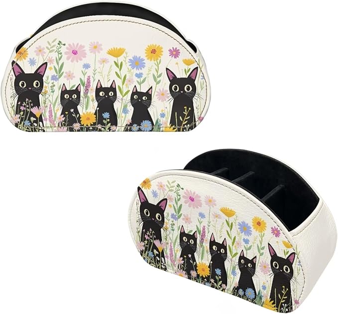 Cartoon Black Cat Floral Print Remote Control Holder with 5 Compartments, Office Desk Organizers - TV Stand Decor/Bedside Table Accessory Remote Caddy, Storage for Jewelry/Glasses-NeatNest