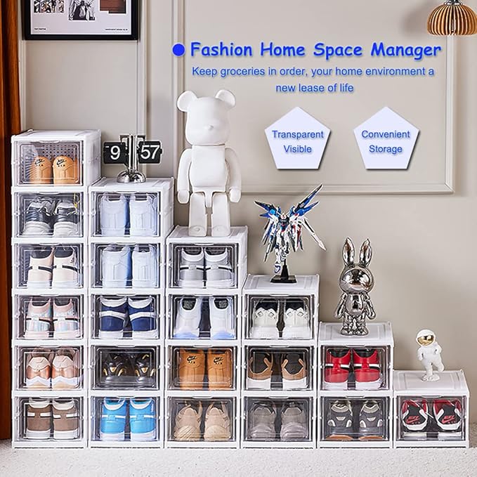 Shoe Rack Shoe Storage Box Bins Clear Collapsible Plastic Installation-Free Size up to 14, Stackable Foldable Tote with Lids Organizing Dustproof 6-Tiers-NeatNest