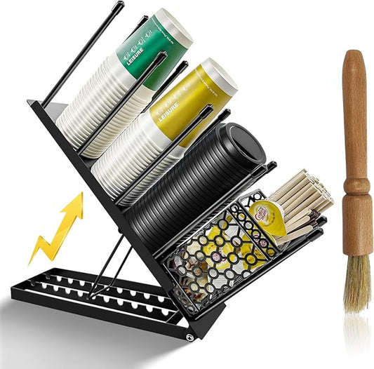 Coffee Cup and Lid Holder with Straw Holder/Coffee Clean Brush, Metal Adjustable Bar Organizer 4 Compartment Cup Dispenser Organizers for Station Home Countertop Bar Breakroom (Black)-NeatNest