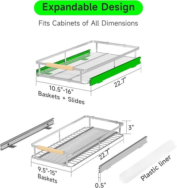 Expandable Pull Out Drawers for Cabinets, Kitchen Cabinet Slide Out Shelves, Adjustable Roll Out Drawers, Small 1 Pack-NeatNest