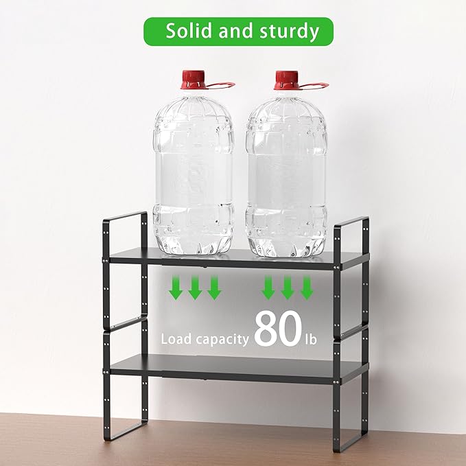 Expandable Cabinet Storage Shelf Stackable Organizer Rack for Kitchen Bathroom Pantry Spice Cupboard Countertop Home Office Desk Heavy Duty Nonslip Black Large 2 Pack
