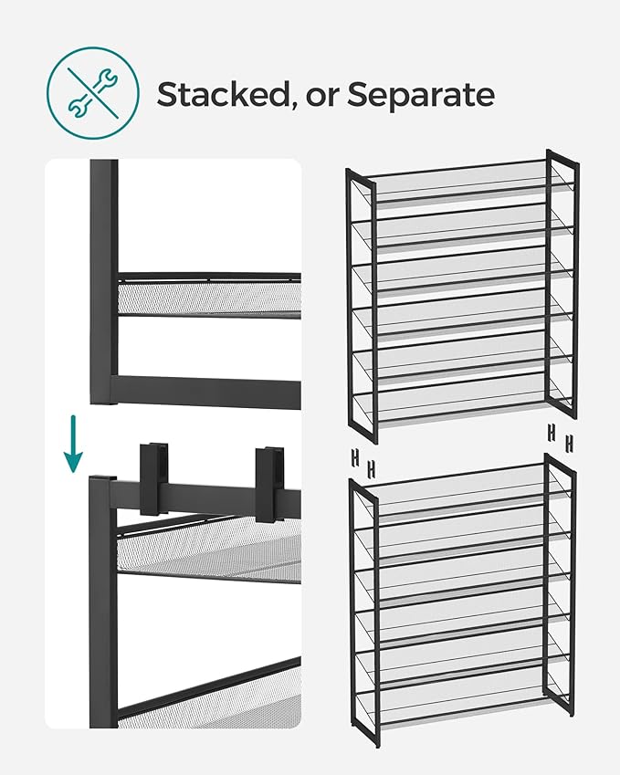SONGMICS Shoe Rack, 12-Tier Shoe Organizer, Metal Shoe Storage for Garage, Entryway, Set of 2 6-Tier Stackable Shoe Shelf, with Adjustable Flat or Angled Shelves, Holds 48-60 Pairs, Black ULMR12B-NeatNest