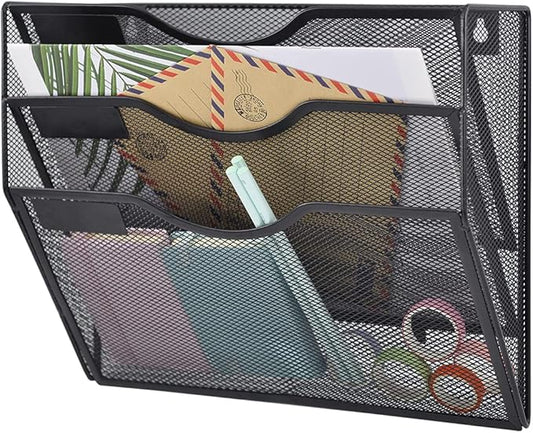 COSYAWN Wall File Holder 3 Pocket Mesh Hanging Wall Organizer Vertical Hanging File Folder Holder Magazine Rack with Nametag Label for Mail Paper Organization,Black-NeatNest