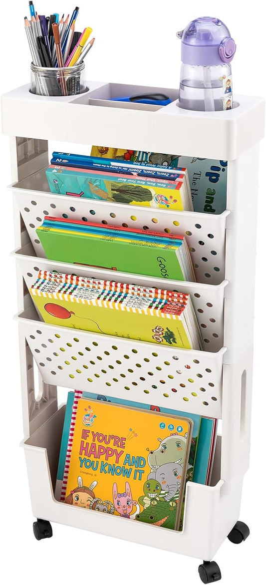 CINPIUK White Rolling Office Paper Organizer, Mobile Book Cart Document Folder File Storage with Pen Holder, Slim Rolling Storage Cart Movable Bookshelf for Office, Dorm, Classroom, Nursery-NeatNest