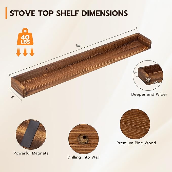 Fun Memories Stove Top Shelf, 30" Magnetic Shelf for Kitchen Stove, Pine Wood Stove Shelf, Wall Mounted Shelf for Home Storage Organization, Heat and Pressure Resistant, 1pcs, Dark Brown