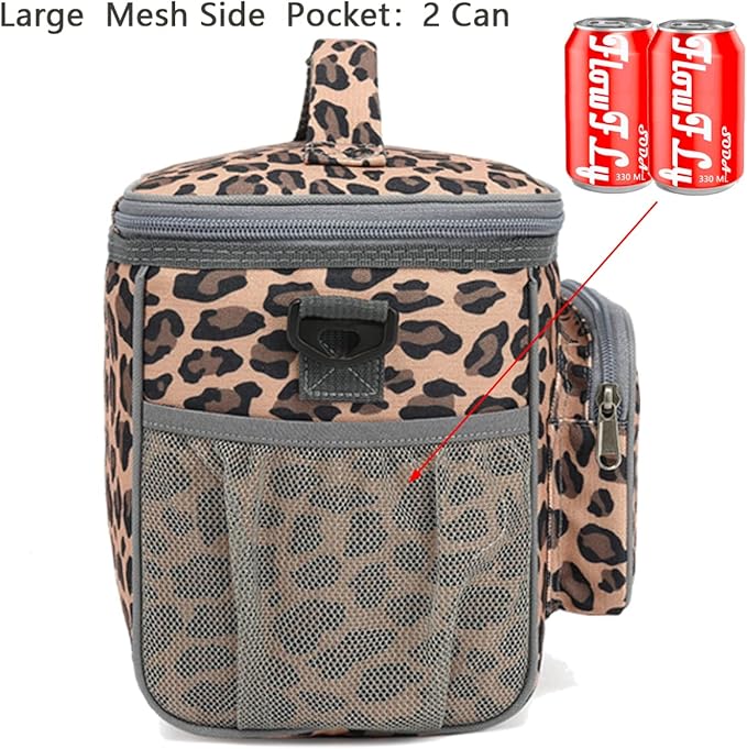 FlowFly Insulated Reusable Lunch Bag Adult Large Lunch Box for Women and Men with Adjustable Shoulder Strap,Front Zipper Pocket and Dual Large Mesh Side Pockets,Leopard-NeatNest