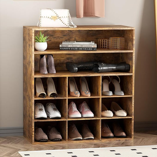 Garden 4 you Shoe Rack Organizer, 5-Tier Wood Cubby Shoe Rack with 2 Storage Shelf and 9 Cubbies, Shoe Organizer Cabinet for Entryway, Hallway, Closet and Garage,Brown-NeatNest