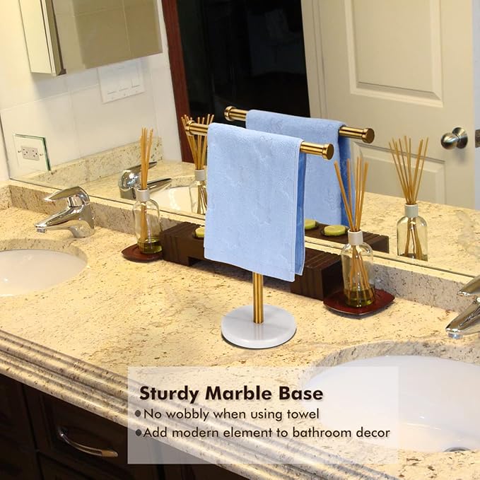 Gold Hand Towel Holder Stand Countertop, Sturdy Marble Base, Hand Towel Rack for Bathroom (Gold Brushed)