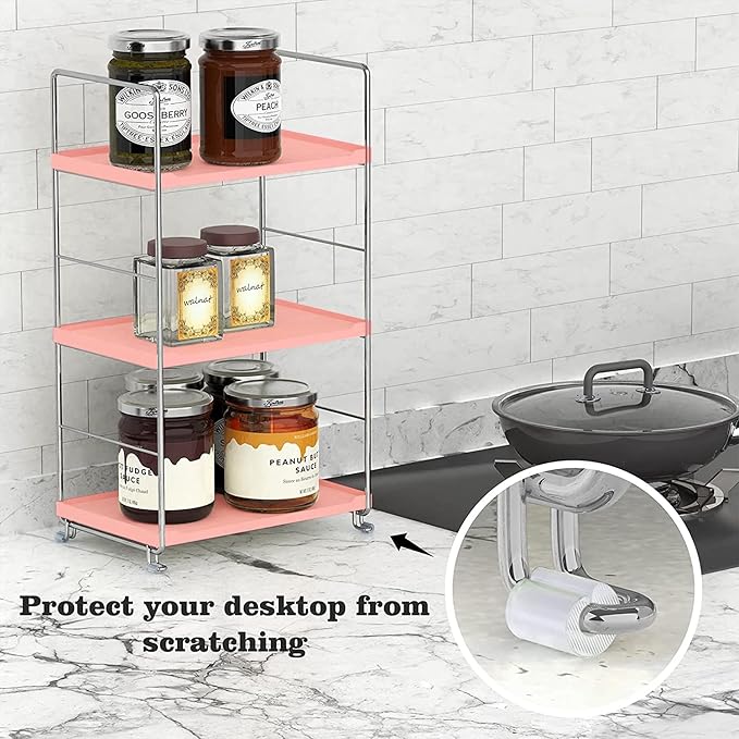 Cosmetic Storage Rack for Bathroom Countertop, 3-Tier Standing Shelf for Kitchen Organizer, Stackage Perfume and Bath Collection Organizer Tray (Pink&Silver)-NeatNest
