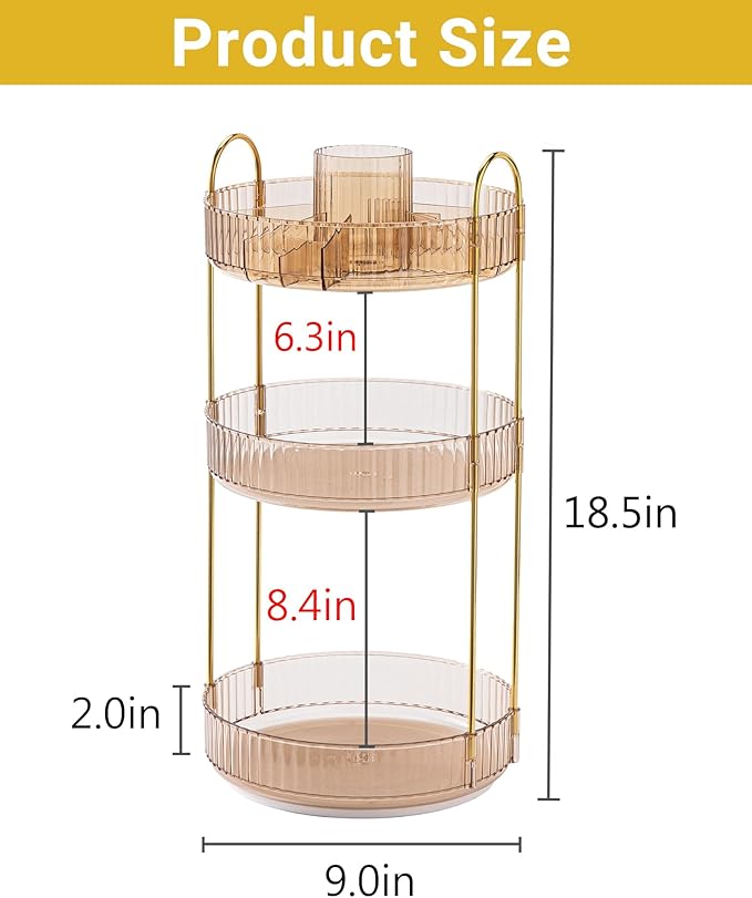 360 Rotating Makeup Organizer,3 Tier Large Capacity Make Up Organizers and Storage,Skincare Perfume Vanity Organizers,Bathroom Cosmetics Storage Organizer Countertop(Gold)-NeatNest