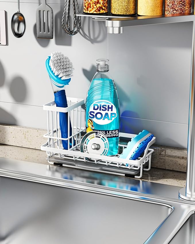 Consumest Sponge Holder for Kitchen Sink - Sink Caddy Organizer with Removable Drip Tray for Countertop Dish Soap Dispenser Brush Storage Kitchen Accessories 304 Stainless Steel, White-NeatNest