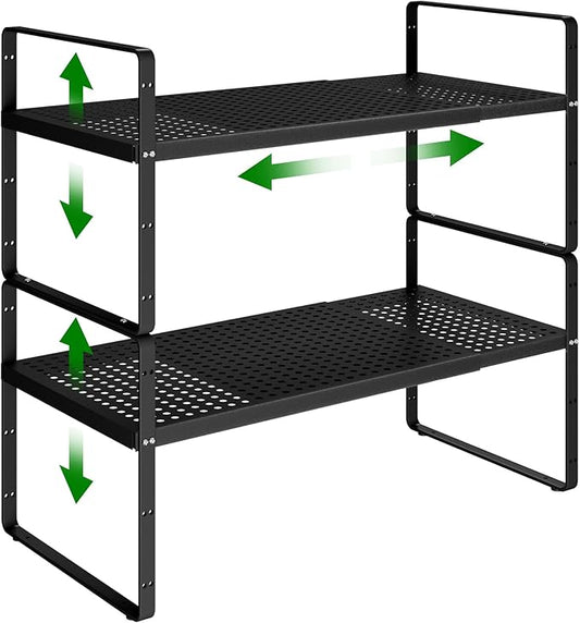 Expandable Kitchen Cabinet Shelf Organizer Rack Heavy Duty Metal Spice Rack Stackable Kitchen Counter Storage Shelf for Kitchen Cabinet Pantry Bathroom (Black - 16.5"-27" L x 8" W x 9.6" H - 2Pack)-NeatNest