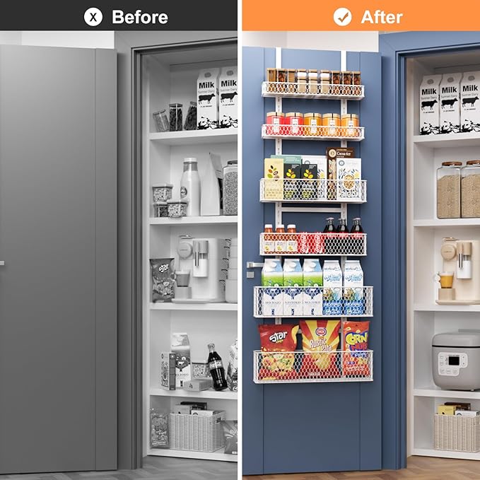 6-Tier Over The Door Pantry Organizer,Hanging Spice Rack with Adjustable Basket,Over Door Racks,Pantry Organization And Storage, Laundry Room,Bathroom,Large Capacity,D5.3xW15.7xH60.9in