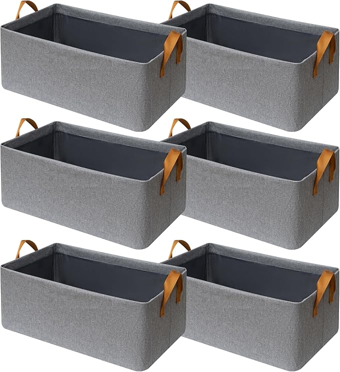 6 Pack Closet Cloth Storage Bins for Shelves,Large Storage Baskets for Shelves, Fabric Bins for Closet organization with Handles（Grey 17''L x 12.6''W x 7.5''H）-NeatNest