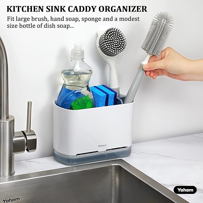YOHOM Kitchen Scrub Brush Holder for Sink Sponge Caddy Countertop Organizer Plastic Dish Brush Sponge Holder with Drain Tray-NeatNest