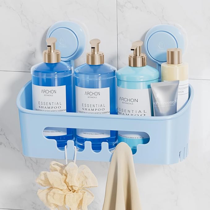LEVERLOC Shower Caddy Suction Cup, Shower Organizer Removable Bathroom Shelf, Storage Suction Powerful Max Hold 22lbs Bathroom Caddy Waterproof Holder, Blue-NeatNest