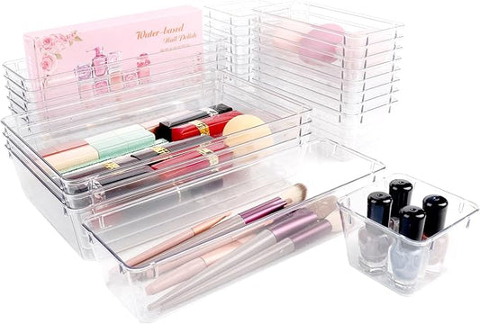 25 PCS Clear Plastic Drawer Organizer Set,Vanity Organizer Storage Bins Containers,4 Size Desk Drawer Organizer Tray-NeatNest