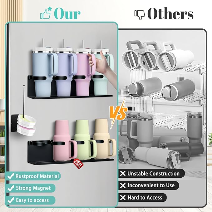 2Pcs Magnetic Water Bottle Organizer for Stanley 30 40 oz Tumbler and Lid Magnetic Cup Holder Heavy Duty Tumbler Storage Organizer Drink Accessories Kitchen Cup Storage Rack for Fridge Cabinets Gifts-NeatNest