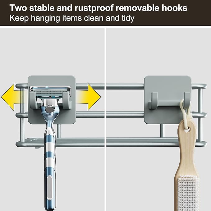 Orimade Adjustable Anti-Slip Shower Caddy Over Shower Head, Rustproof Bathroom Hanging Shower Organizer with 2 Hooks for Razor, No Drilling Shower Shelves Storage Rack 2 Tier, Light Grey