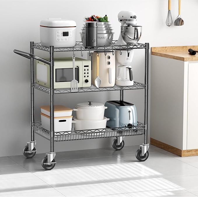 3 Tier Utility Cart with Wheels, Heavy Duty Rolling Cart 1050lbs, Commercial Grade Kitchen Trolley with Handle Bar&Shelf Liner, Mobile Metal Trolley for Warehouse Garage Kitchen