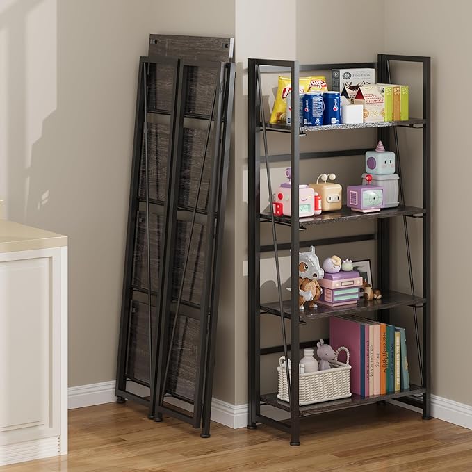 BHG Vintage Multifunctional Folding Bookshelf, No-Assembly Plant Stand Storage Rack Shelves for Home Office (Gray, 4-Tier)-NeatNest