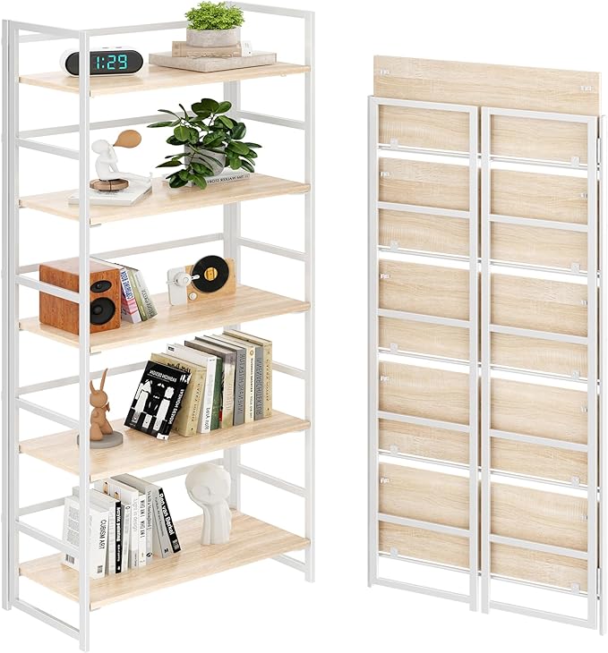 BHG Vintage Multifunctional Folding Bookshelf, No-Assembly Plant Stand Storage Rack Shelves for Home Office (White, 5-Tier)-NeatNest
