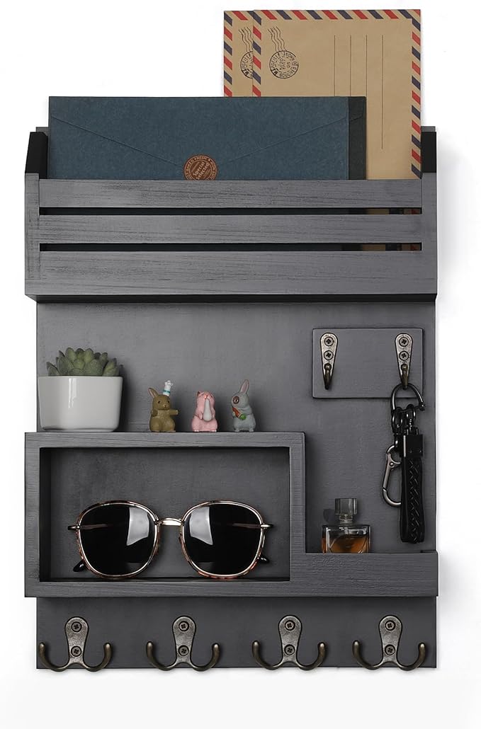 DOPACE Key Holder for Wall, Wall Mounted Mail Organizer with 6 Key Hooks for Sunglasses Storage and Dog Leash Hanger, Black