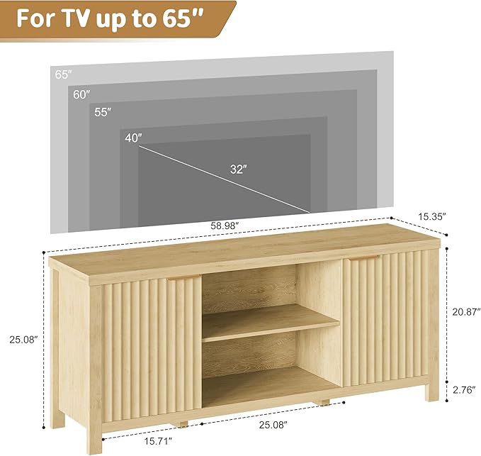 Fluted TV Stand for TVs up to 65'',Mid Century Modern Entertainment Center with Adjustable Shelves, Wood Media TV Console Cabinet with Fluted Doors for Living Roon Bedroom Natural LTV90Y-NeatNest