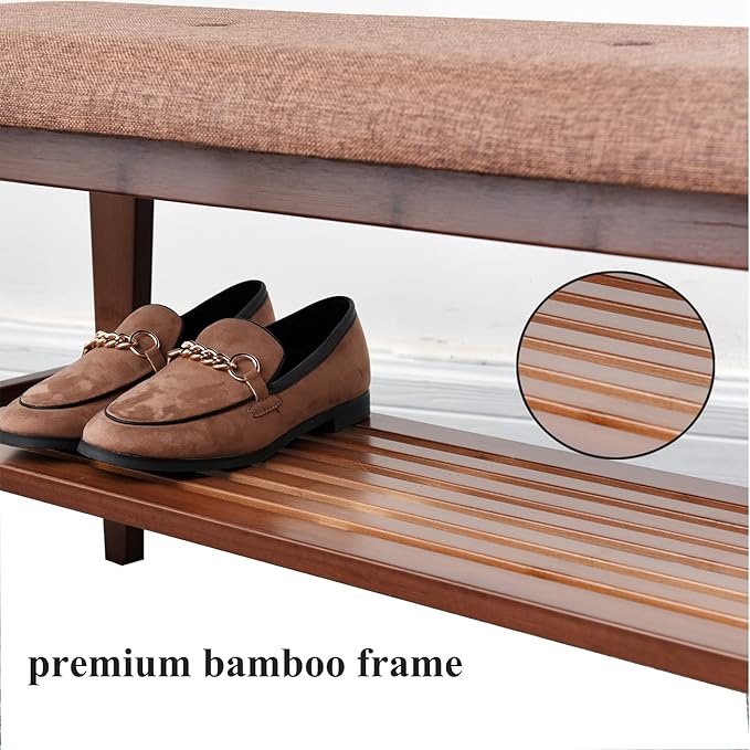 Shoe Entryway Bench, Bamboo Shoe Rack Bench, Organizer with 2 Tier Storage Simple Style Good Load Bearing, Ideal for Entryway Hallway Living Room,(Brown,35.4'')-NeatNest