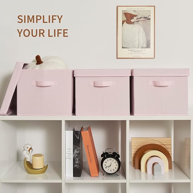 GRANNY SAYS Storage Bins Fabric, Large Storage Bins with Lids, Collapsible Storage Box Closet Shelf, Decorative Storage Baskets for Organizing Bedroom Dorm Nursery, Pink, 3-Pack-NeatNest