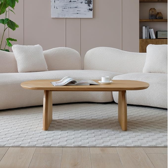KEVINSPACE Oval Coffee Table for Living Room Modern Solid Wood Center Tables Cocktail Fluted 47.24" W Reception Room Easy Assemble, Wood