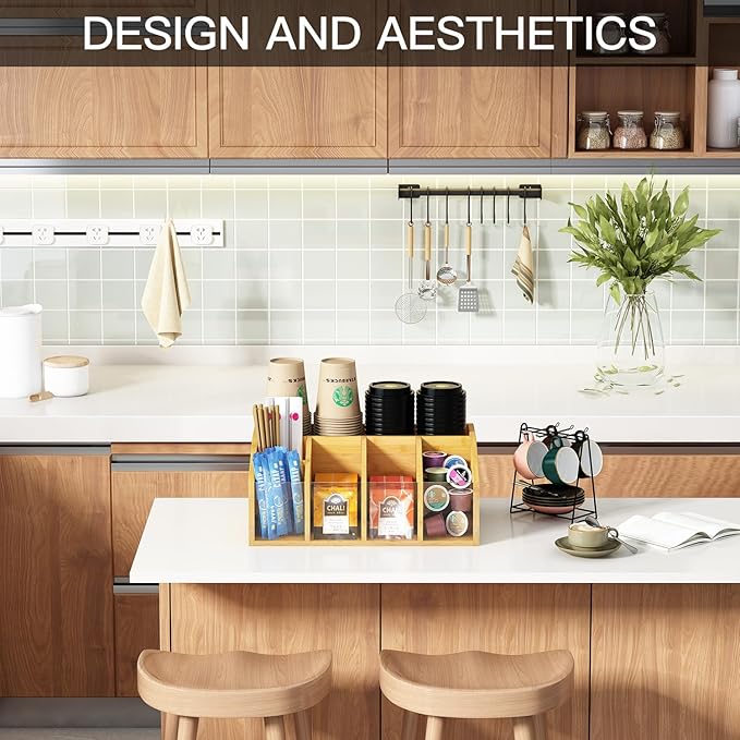 Coffee Station Organizer Condiment Organizer for Countertop Farmhouse Coffee Caddy with Removable Dividers Small Cute Office Bar Accessories for Tea Bags, Pods, Syrup, Cups, and Stirrer-NeatNest