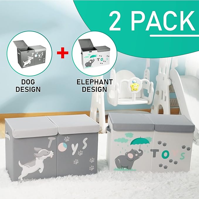 Hula Home Large Toy Box (2pc) - Lightweight Collapsible Sturdy Toy Storage Chest w/Flip-Top Lid & Handles (24.5" x 12" x 16") (Dog & Elephant)