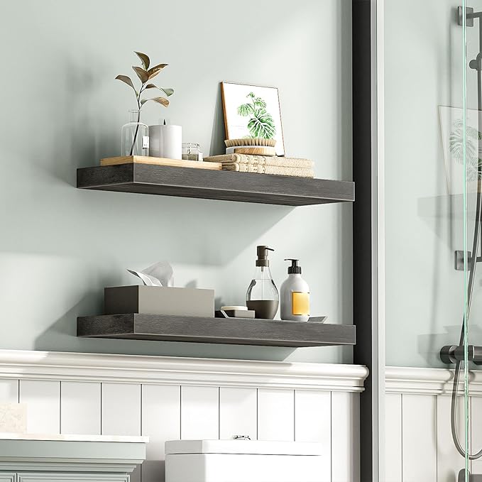 HOOBRO Floating Shelves for Wall, Wall Mounted Shelf Set of 2, 23.6" Hanging Shelf with Invisible Brackets, for Wall in Bathroom, Bedroom, Toilet, Kitchen, Living Room, Office, Charcoal Gray BC60BJ01-NeatNest