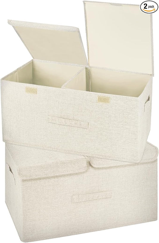 2 Pack Storage Boxes with Lids and Handles, Collapsible Linen Storage Bins Organizer Containers Baskets Cube with Removable Divider for Home Bedroom Closet Office (Cream, Large)-NeatNest