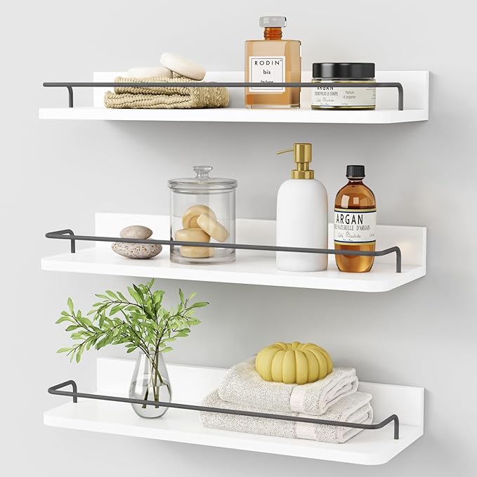 Forbena White Floating Shelves Bathroom Shelves Over Toilet Set of 3, Bathroom Organizers and Storage Shelves Wall Mounted, Modern Wood Corner Wall Shelf for Bedroom Closet -White and Dark Grey-NeatNest