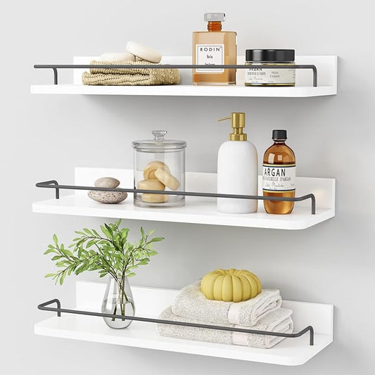Forbena White Floating Shelves Bathroom Shelves Over Toilet Set of 3, Bathroom Organizers and Storage Shelves Wall Mounted, Modern Wood Corner Wall Shelf for Bedroom Closet -White and Dark Grey-NeatNest