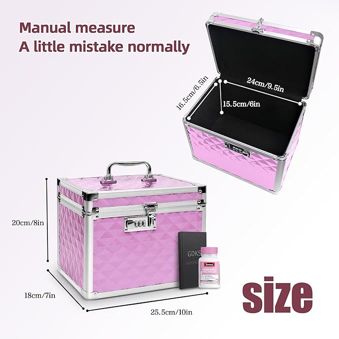 Medication Combination Lock Boxes with Code for Personal Items, Medicine Lockbox for Documents 10 x 7.25 x 7.75 Inches Plaid Pink