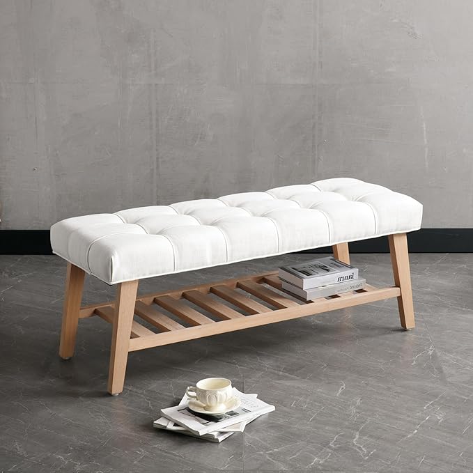 Entryway Shoe Bench Storage Benches with Upholstered Button Tufted Seat and Open Slatted Shelf Linen Shoe Rack for Hallway Living Room Bedroom End of Bed, Beige-NeatNest