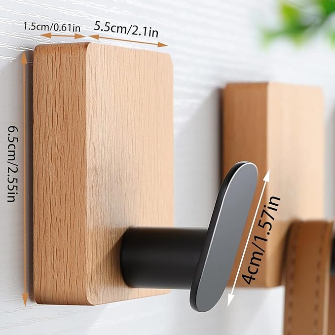 DELITON Towel Hooks Wall Mounted - Adhesive Bathroom Coat Hooks for Hanging Robes Clothes Light Brown, Black Solid Wood Beech Wall Hook 4 Packs-NeatNest