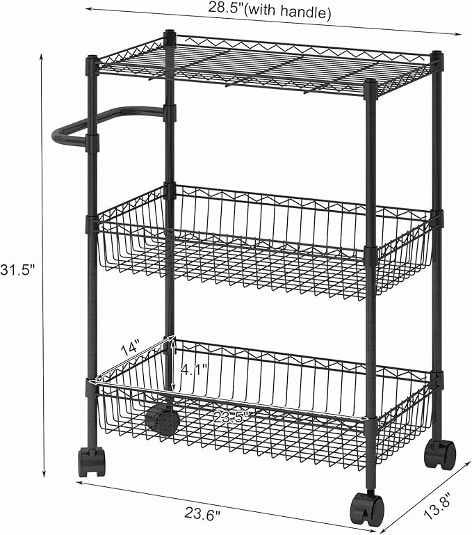 3 Tier Rolling Storage Cart with Adjustable Wire Shelving, 360-Degree Rotating Wheels with Brakes, Sturdy Carbon Steel Build, Versatile for Kitchen, Bathroom, and Office