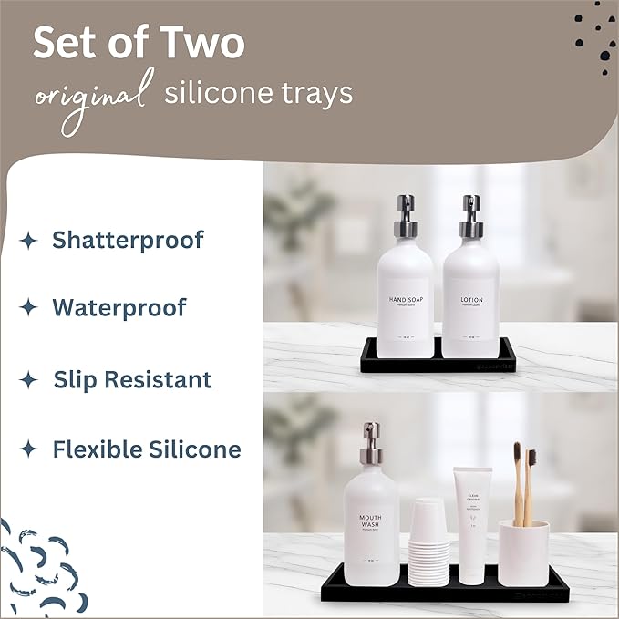 Countertop and Vanity Tray - 2 PC (11” and 7”) Shatterproof Silicone Kitchen and Bathroom Trays for Counter, Kitchen Soap Dispenser Tray, Vanity Trays for Bathroom, Perfume Key Tray-NeatNest